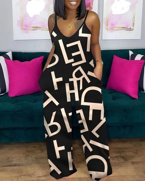 2023 African Printed Wide Leg Pant Jumpsuit Women Casual V Neck