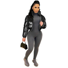 Load image into Gallery viewer, ANJAMANOR Silver Glossy Puffer Jacket Zip Up Shiny Bubble Coat