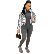 Load image into Gallery viewer, ANJAMANOR Silver Glossy Puffer Jacket Zip Up Shiny Bubble Coat