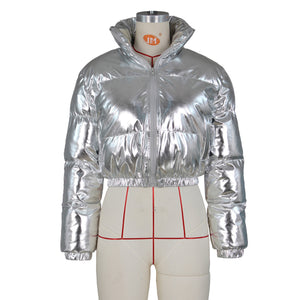 ANJAMANOR Silver Glossy Puffer Jacket Zip Up Shiny Bubble Coat