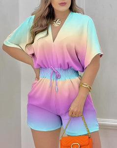 Jumpsuit Women 2023 Summer Fashion Batwing Sleeve Shirred Waist Casual