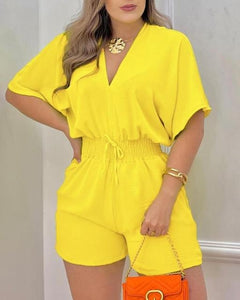 Jumpsuit Women 2023 Summer Fashion Batwing Sleeve Shirred Waist Casual