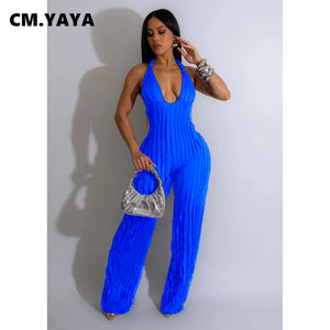 CM.YAYA Fashion Ruffles Women Halter Deep V-neck Backless Wide Leg
