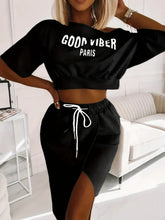Load image into Gallery viewer, LW Plus Size Two Piece Good Viber One Shoulder Letter Print Set Crop