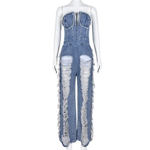 ANJAMANOR Studded Washed Denim Jumpsuit Women 2023 Fashion Sexy One