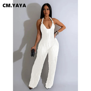 CM.YAYA Fashion Ruffles Women Halter Deep V-neck Backless Wide Leg