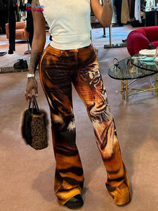 Weird Puss Tiger Print Flare Pants Women 2023 Y2K Summer Trend Skinny