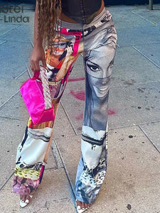 Sisterlinda Fashion Person Print Hipster Y2K Pants Women Contrast