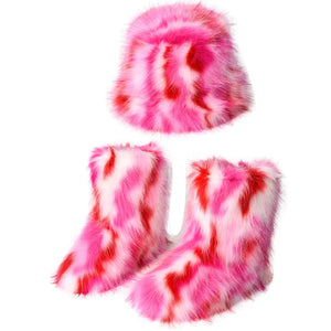 Winter Warm Women Fur Boot Woman Fluffy Faux Fur Fisherman Hat Set