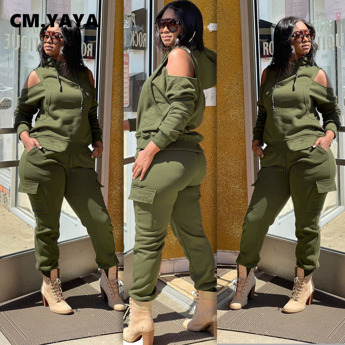 CM.YAYA Women Basic Two 2Piece Set Outfits Elegant Cut Out Hoodies and