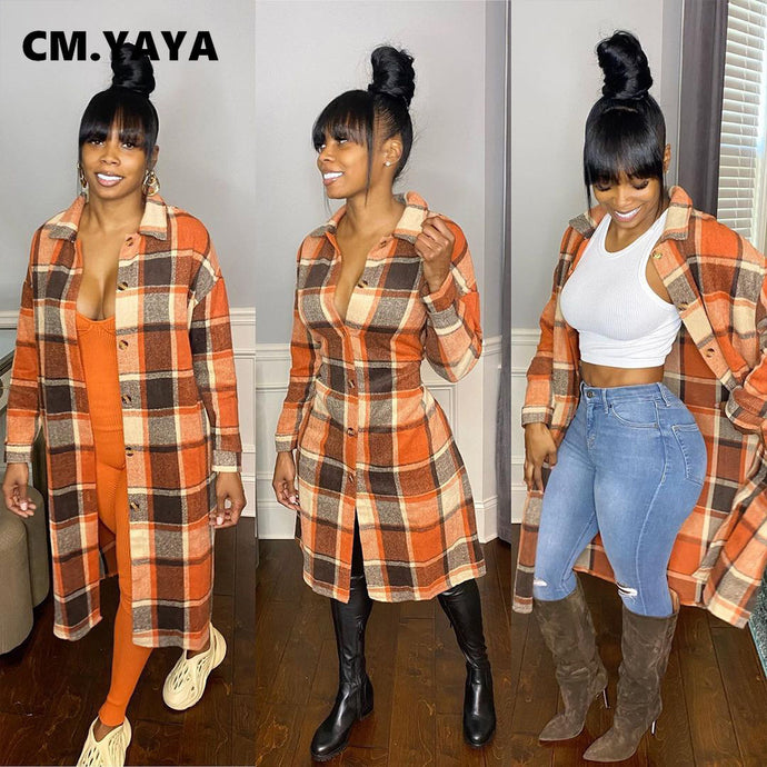 Cm.yaya Women Plaid Long Sleeve Button Up Blouse Style Wool And Blends